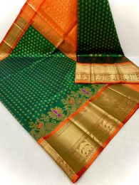 green and orange color kuppadam pattu handloom saree with kanchi kuppadam border design -KUPP0097139
