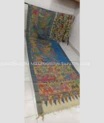 Blue and Cream mangalagiri pattu sarees with All over Pen Kalamkari design - MAGP0030729