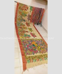 Cream and Chestnut mangalagiri pattu sarees with All over Pen Kalamkari design - MAGP0030734