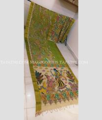 Parrot Green and Cream mangalagiri pattu sarees with All over Pen Kalamkari design - MAGP0030735