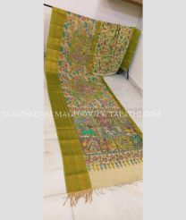 Cream and Parrot Green mangalagiri pattu sarees with All over Pen Kalamkari design - MAGP0030736