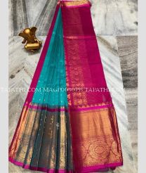 azure blue and brown colour mangalagiri pattu sarees with Kanchi Border design - MAGP0030755