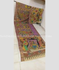 Dull Purple and Cream mangalagiri pattu sarees with All over Pen Kalamkari design - MAGP0030790