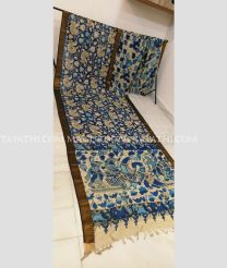 Blue and Cream mangalagiri pattu sarees with All over Pen Kalamkari design - MAGP0030794
