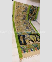 Cream and Parrot Green mangalagiri pattu sarees with All over Pen Kalamkari design - MAGP0030795