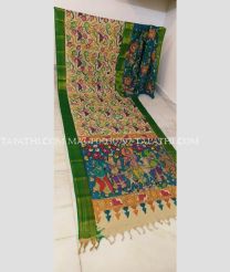 Cream and Green mangalagiri pattu sarees with All over Pen Kalamkari design - MAGP0030797