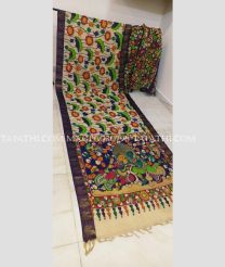 Cream and Plum Purple mangalagiri pattu sarees with All over Pen Kalamkari design - MAGP0030798