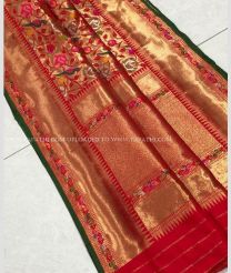 Red saree with Green Border color Banarasi Silk handloom saree with Paithani Meenakari weaving saree with Heavy pallu and blouse design
