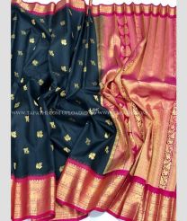 Black with Pink Border color gadwal pattu handloom saree with kuttu jari borders and allover motifs saree with rich contrast pallu and blouse design