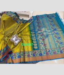 Gold colour with Aqua Blue Border gadwal pattu handloom saree with paithani style border design