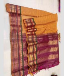 Orange with Green Border color gadwal cotton handloom saree with small checks with contrast pallu and border design