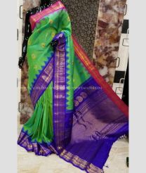 Green with Pink and Purple Border color gadwal pattu handloom saree with kuttu borders with contrast pallu and blouse design