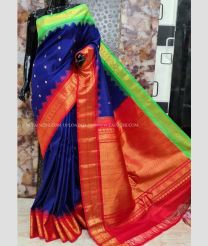 Navy Blue with Red and Green Border color gadwal pattu handloom saree with kuttu borders with contrast pallu and blouse design