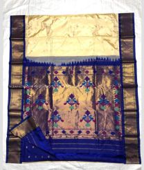 MAngo Yellow with Purple Border color kuppadam pattu handloom saree with silver and gold zari weaving motiffs in finely weaved mothi checks design