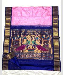 Orange with Blue Border color kuppadam pattu handloom saree with silver and gold zari weaving motiffs in finely weaved mothi checks design