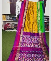 Golden Yellow and Magenta pochampally ikkat pure silk sarees with All over Pochampally ikkat design - PIKP0035553