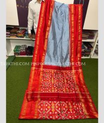 Grey and Red pochampally ikkat pure silk sarees with All over Pochampally ikkat design - PIKP0035556
