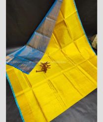 Yellow with Light Blue Pallu color uppada pattu handloom saree with Uppada Pattu Tissue saree with Contrast Blouse with Plain Border design