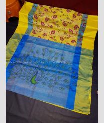 Yellow saree with Aqua Blue Border color Uppada Tisuse handloom saree with Pattu Print Sarees design