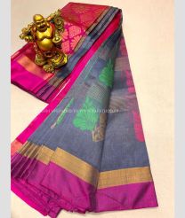 Grey with Pink Pallu color Kollam Pattu handloom saree with SMALL ZARI BORDER WITH CONTRAST RICH PALLU design