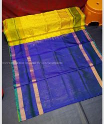 Yellow saree with Navy Blue border color uppada pattu handloom saree with Mahanati checks sarees with Contrast Plain Blouse design