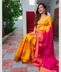 Yellow saree with Pink Border color uppada pattu handloom saree with Kaddy Border Plain sarees with Contrast Blouse design
