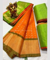 Orange with Mehndi Green Border color Kollam Pattu handloom saree with allover silver nd zari weaving dollar butta in zari weaving checks design