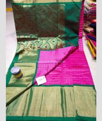 Light pink saree with Dark Green border color Chenderi silk handloom saree with big border saree with jjill checks butta and rich pallu contrast blouse design