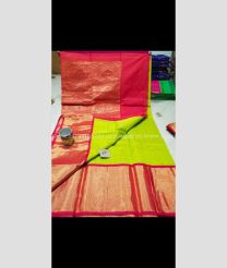 Mehndi Green with Red Border color Chenderi silk handloom saree with big border saree with jjill checks butta and rich pallu contrast blouse design