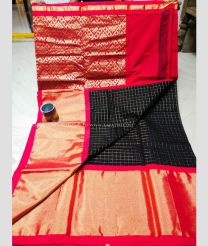 Black saree with Orange border color Chenderi silk handloom saree with big border saree with jjill checks butta and rich pallu contrast blouse design
