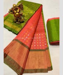 Orange with Mehndi Green Border color Kollam Pattu handloom saree with allover silver and zari weaving dollar butta in zari checks design