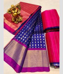 Navy Blue saree with Magenta Border color Kollam Pattu handloom saree with allover silver and zari weaving dollar butta in zari checks design