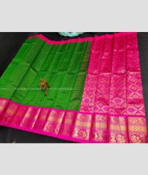 Parrot Green with Pink Border color Chenderi silk handloom saree with allover small checks with kanchi  border design