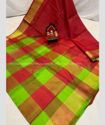 Green with Red Pallu color uppada pattu handloom saree with light weight checks saree with contrast blouse design