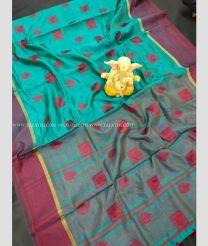 Aqua Blue with Maroon Pallu color Kora handloom saree with Thread buties border saree design