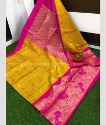 Saffron Yellow with Pink Border color Chenderi silk handloom saree with special anchulatha border saree with contrast plain blouse and kanchi border design