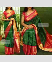 Dark green saree with Red border color Chenderi silk handloom saree with mothi checks saree with contrast rich pallu and  plain blouse design