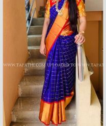 Royal Blue saree with Red Border color Chenderi silk handloom saree with mothi checks saree with contrast rich pallu and  plain blouse design