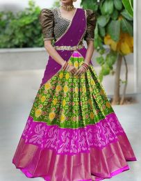Green and pink Pochampally pure ikkat lehenga with full design