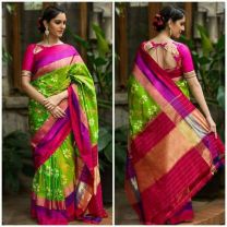 Green and pink Pochampally pure ikkat handloom saree work with butterfly design
