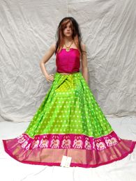 Green and pink Pochampally pure ikkat lehenga with plus