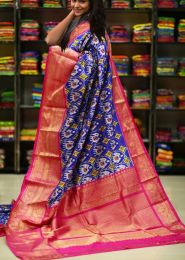 Ikkat blue and pink kanchi boder pure silk handloom saree