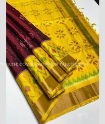 Maroon and Yellow soft silk kanchipuram sarees with all over pochampally  design - KASS0003683