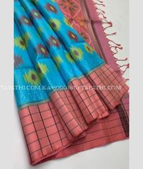 Blue and Copper soft silk kanchipuram sarees with all over pochampally  design - KASS0003630