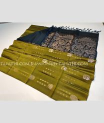 Leafy Green and Black soft silk kanchipuram sarees with All over Buttas design - KASS0003699