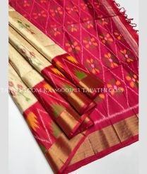 Cream and Pink soft silk kanchipuram sarees with all over pochampally design - KASS0003813