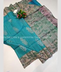 Turquoise and Green soft silk kanchipuram sarees with pochampally border design - KASS0003744