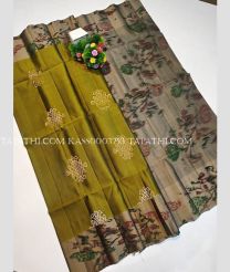 Leafy Green and Brown soft silk kanchipuram sarees with pochampally border design - KASS0003753
