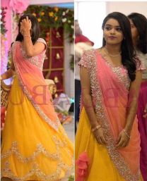 Baby pink with yellow net embroidery lehanga set