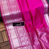Pink with silver lichi silk with weaving silver handloom saree with designer pallu